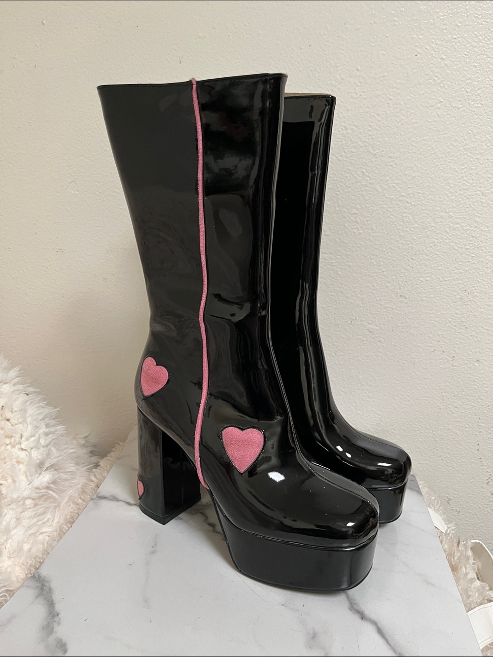 LAMODA Black Patent Platform Knee Boots with Pink Heart Detail